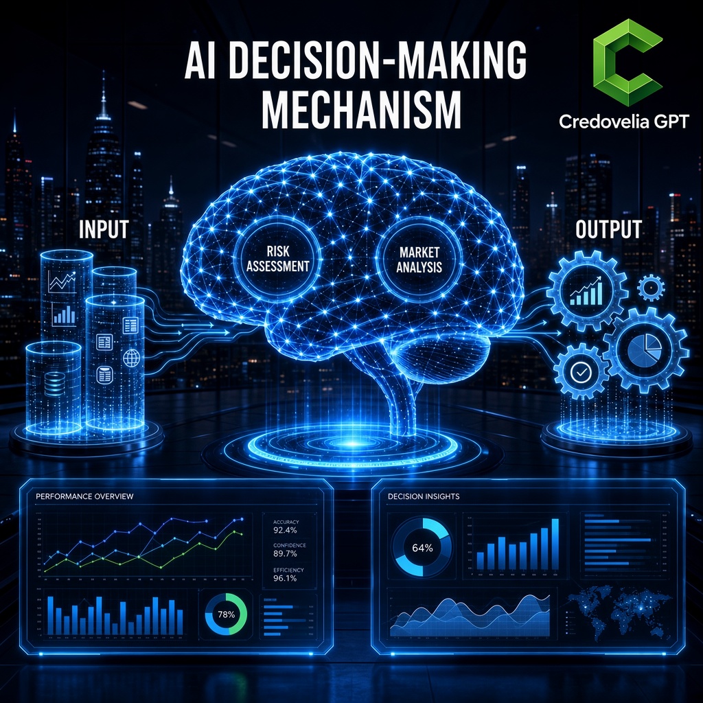 Esquema del motor predictivo Credovelia GPT con nodos de analisis de riesgo y mercado en arquitectura neuronal