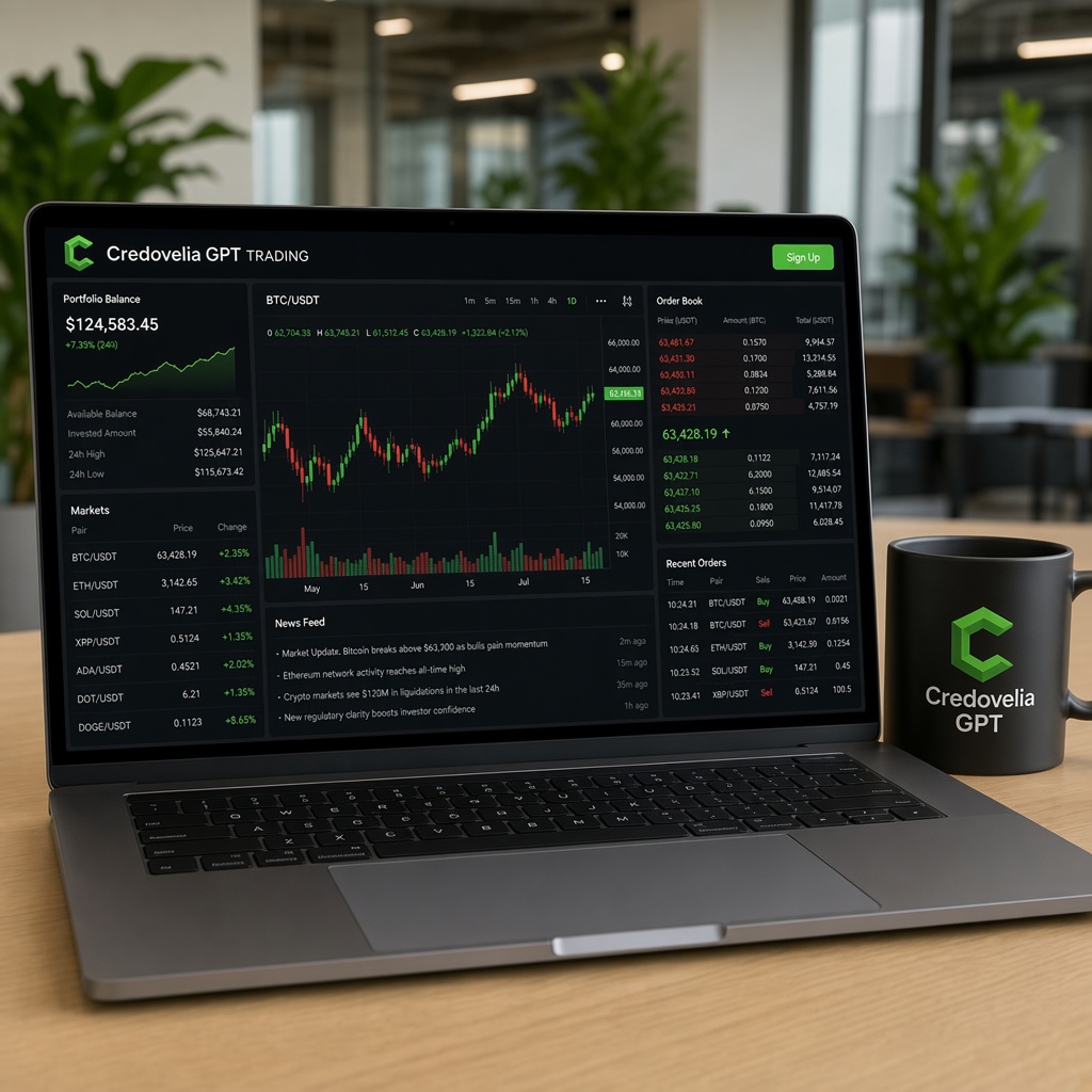 Panel Credovelia GPT con profundidad de mercado y portfolio multi-activo en notebook