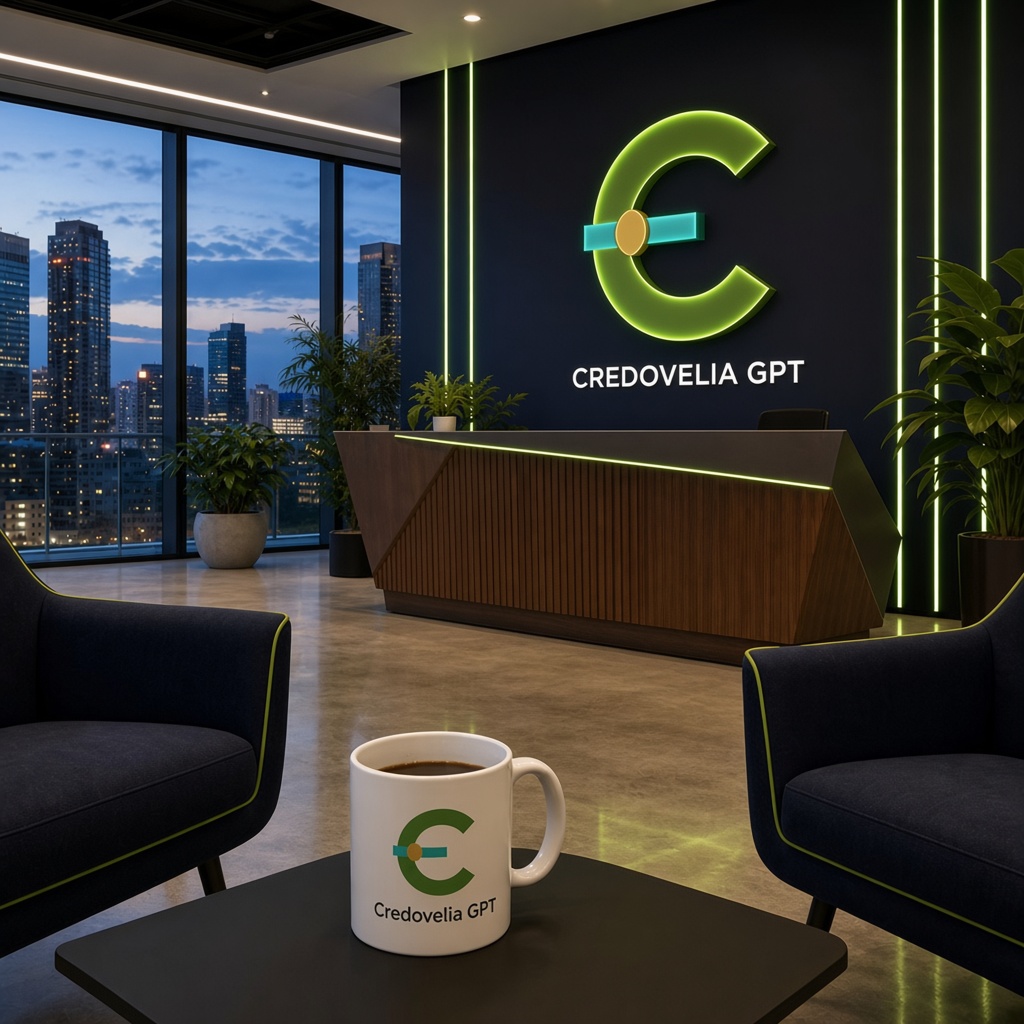 Recepcion de la sede central Credovelia GPT con iluminacion LED verde y logo institucional sobre una pared azul