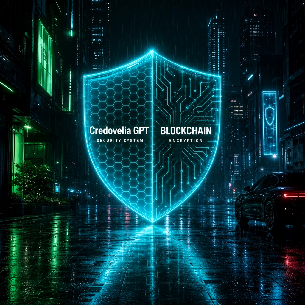 Escudo digital Credovelia GPT sobre una ciudad, representando proteccion multicapa de activos
