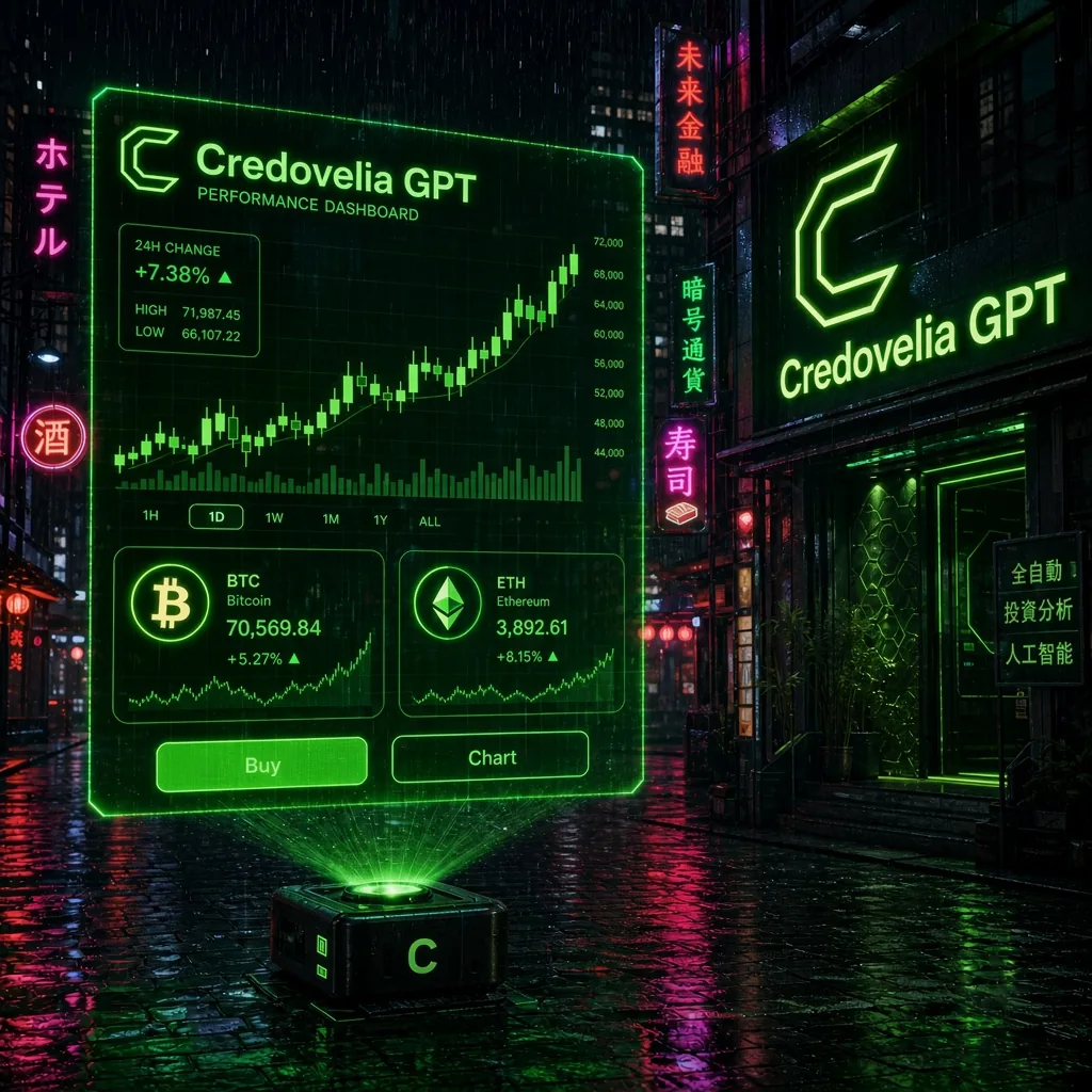 Panel de rendimiento Credovelia GPT con curvas verdes ascendentes proyectadas en una pantalla urbana
